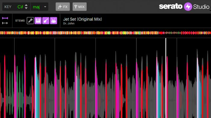 A screenshot of the Serato Studio 2.0 sampler with an audio track highlighted and showing vocal and bassline stems turned off.
