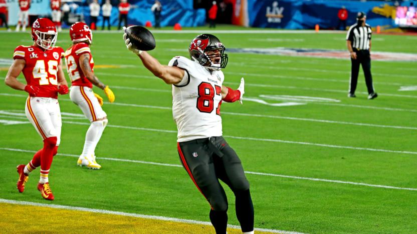 Feb 4, 2020; Tampa, FL, USA;  Tampa Bay Buccaneers tight end Rob Gronkowski (87) celebrates scoring a touchdown during the first quarter against the Kansas City Chiefs in Super Bowl LV at Raymond James Stadium.  Mandatory Credit: Matthew Emmons-USA TODAY Sports     TPX IMAGES OF THE DAY