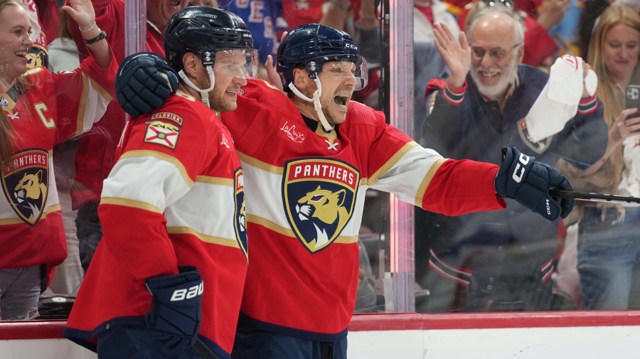 Getty Images - SUNRISE, FL - APRIL 29: Florida Panthers center Aleksander Barkov (16) celebrates his goal in the second period with Florida Panthers center Sam Reinhart (13) during game four of the Eastern Conference First Round between the Tampa Bay Lightning and the Florida Panthers at Amerant Bank Arena, Sunrise, Fla. (Photo by Peter Joneleit/Icon Sportswire via Getty Images)