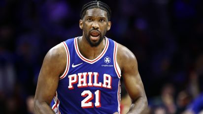 Getty Images - PHILADELPHIA, PENNSYLVANIA - APRIL 17: Joel Embiid #21 of the Philadelphia 76ers reacts during the fourth quarter against the Miami Heat during the Eastern Conference Play-In Tournament at the Wells Fargo Center on April 17, 2024 in Philadelphia, Pennsylvania. NOTE TO USER: User expressly acknowledges and agrees that, by downloading and or using this photograph, User is consenting to the terms and conditions of the Getty Images License Agreement. (Photo by Tim Nwachukwu/Getty Images)