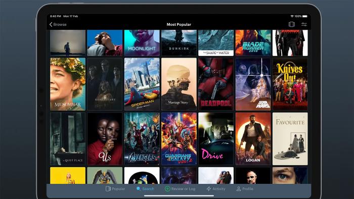 Marketing image of Letterboxd for iPad. A grid of popular movies in an iPadOS app framed in an iPad.