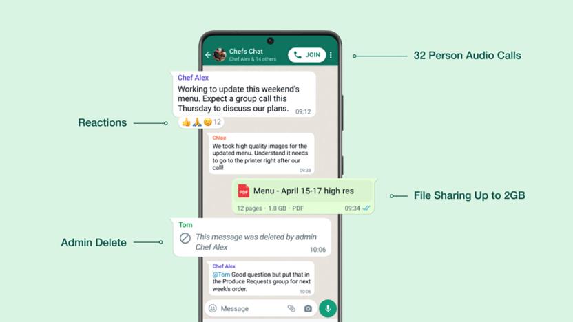 WhatsApp reaction emoji and 32-person group calls