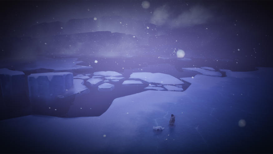 A young girl and a fox look out at an ice-filled landscape in Never Alone 2.