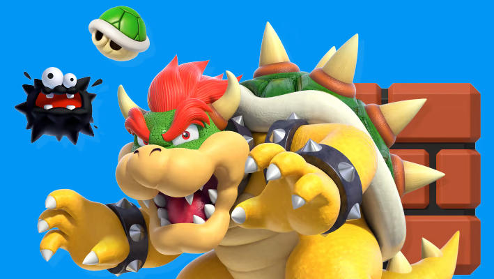 Mario’s nemesis Bowser posing menacingly with an inkblot baddie and koopa shell in the background.