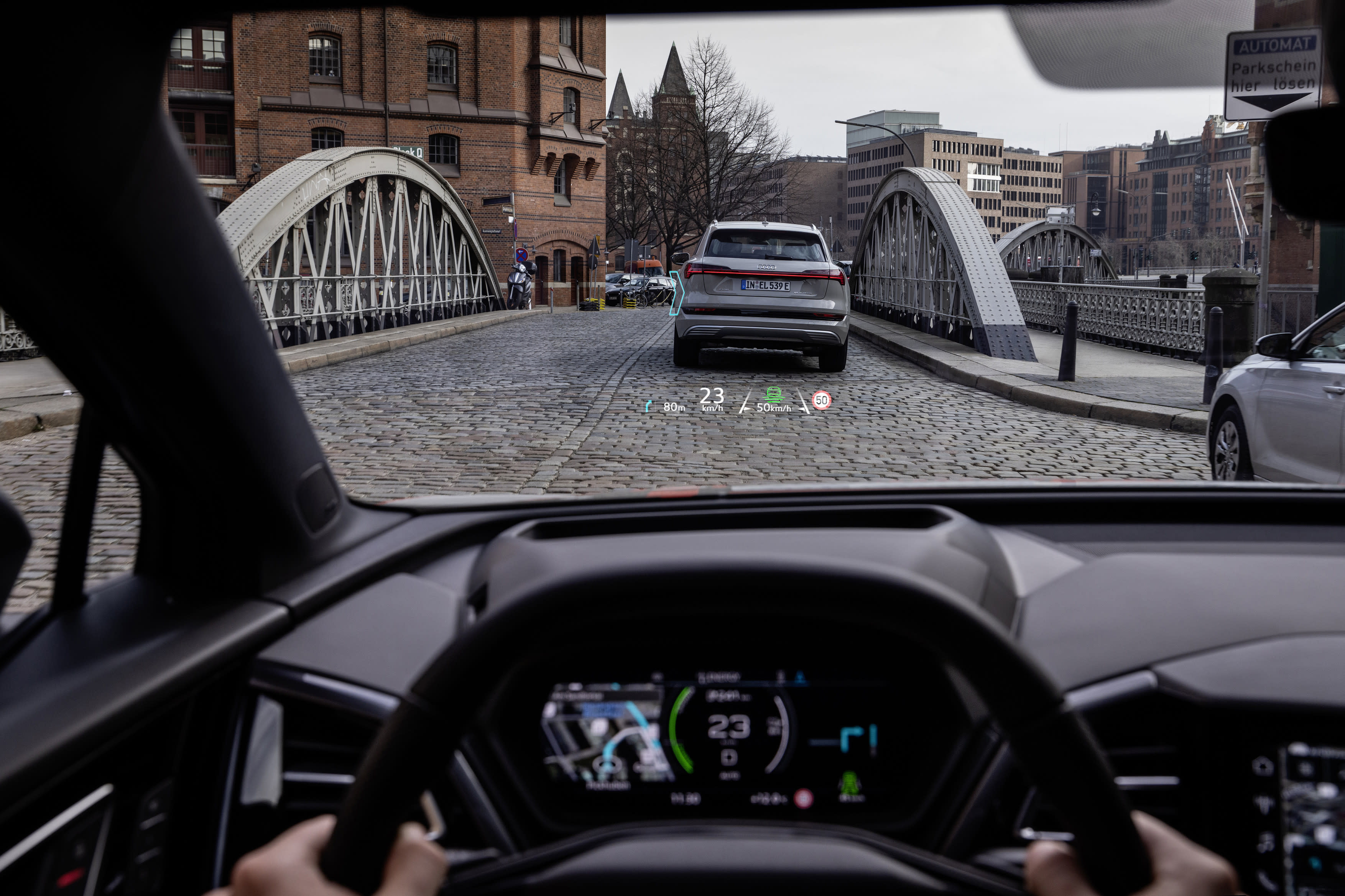 The Audi Q4 e-tron’s reinforced HUD radiates information on the windscreen