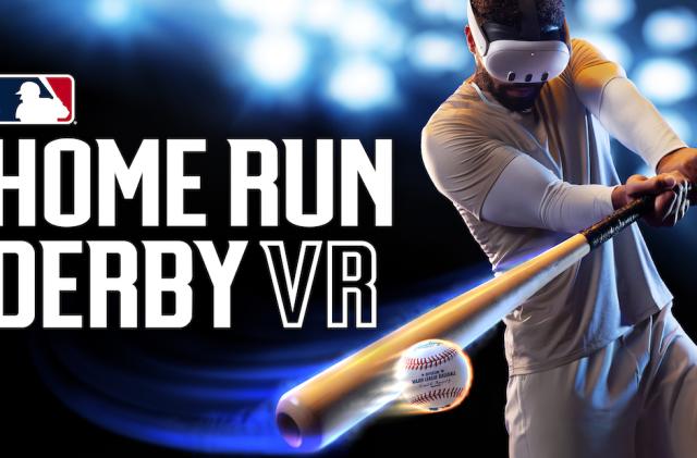 A person playing baseball while wearing a Meta Quest VR headset.