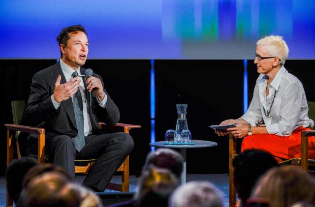 Tesla founder Elon Musk speaks with moderator Xenia Wicket during the opening of Offshore Northern Seas 2022 in Stavanger, Norway August 29, 2022. NTB/Carina Johansen via REUTERS   ATTENTION EDITORS - THIS IMAGE WAS PROVIDED BY A THIRD PARTY. NORWAY OUT. NO COMMERCIAL OR EDITORIAL SALES IN NORWAY.