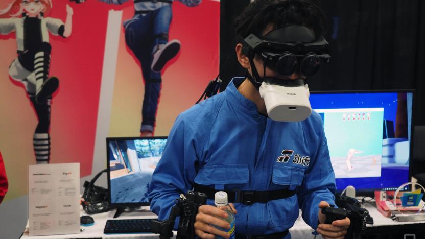 Image of a person demonstrating all of Shiftall's VR technology.