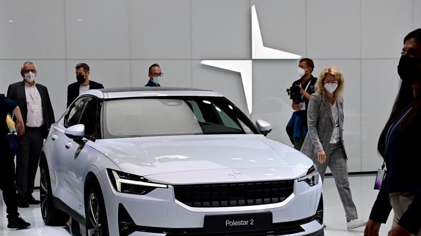 A Polestar 2 electric car is pictured during a press preview at the International Motor Show (IAA), on September 6, 2021 in Munich, southern Germany. - Germany's revamped IAA auto show, one of the world's largest, officially opens in Munich on September 7, for a celebration of all things car-related, but climate concerns and pandemic woes threaten to spoil the party. (Photo by Tobias SCHWARZ / AFP) (Photo by TOBIAS SCHWARZ/AFP via Getty Images)