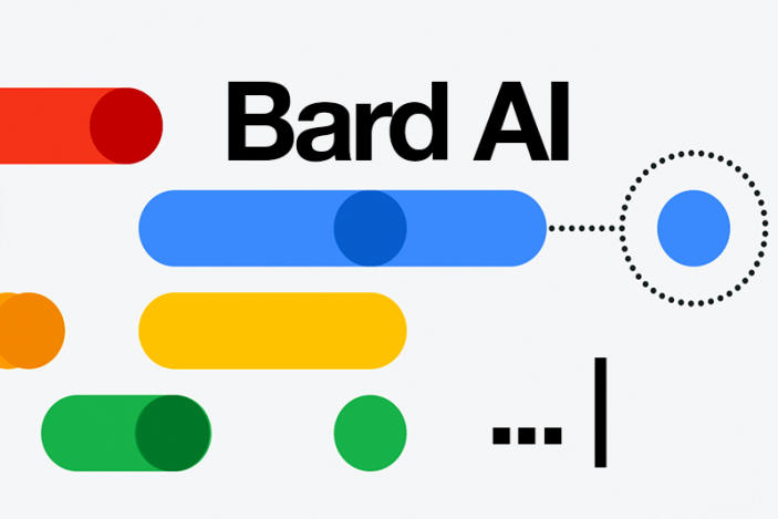 A graphic featuring the words Bard AI and some geometric shapes in Google colors like red, blue, yellow and green.