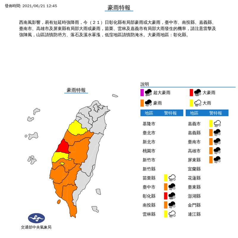 彰化縣升級大豪雨 西南風挾雨彈襲台