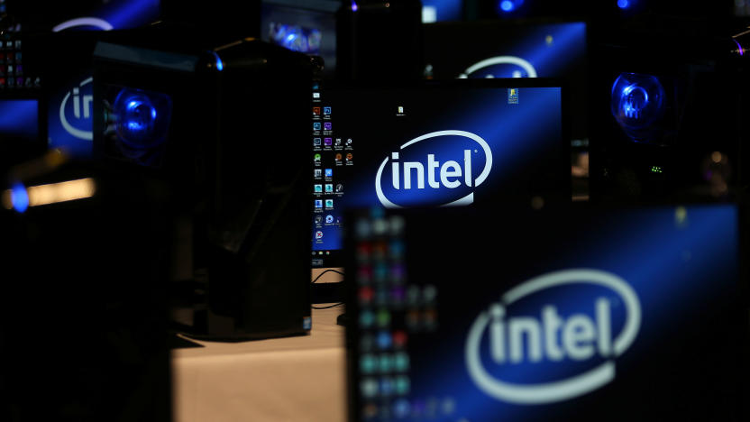 The Intel logo is displayed on computer screens at SIGGRAPH 2017 in Los Angeles, California, U.S. July 31, 2017.  REUTERS/Mike Blake