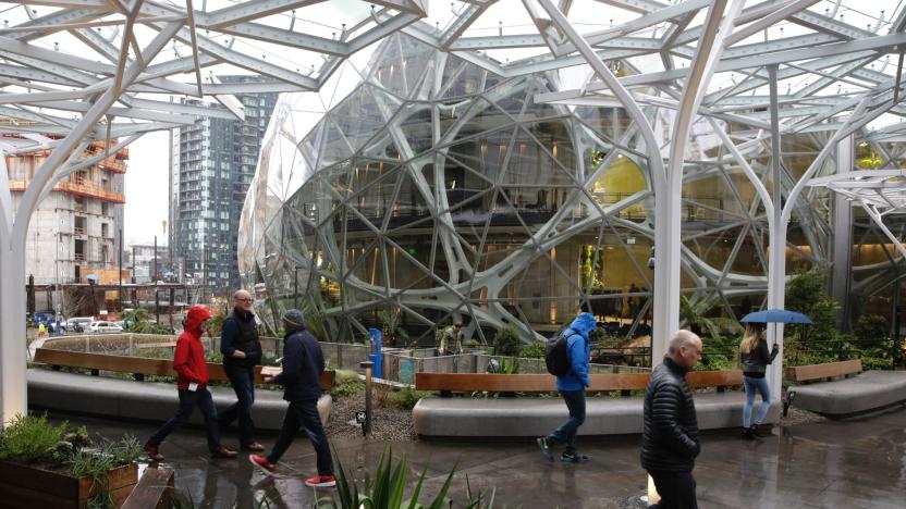 People take a tour during the grand opening of the Amazon Spheres, in Seattle, Washington on January 29, 2018. 
Amazon opened its new Seattle office space which looks more like a rainforest. The company created the Spheres Complex to help spark employee creativity.  / AFP PHOTO / JASON REDMOND        (Photo credit should read JASON REDMOND/AFP via Getty Images)