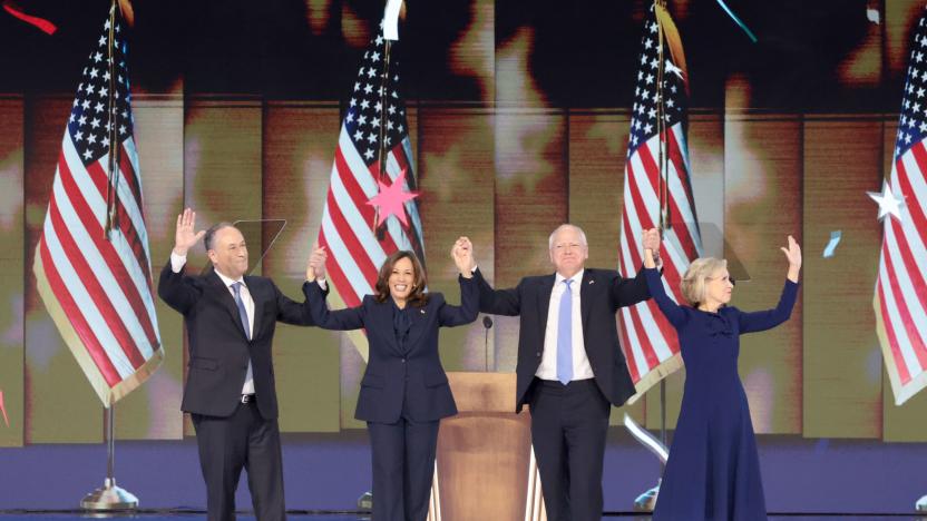 CHICAGO, IL AUGUST 22, 2024 - Second Gentleman Doug Emhoff, from left, Vice President Kamala Harris, Tim Walz, governor of Minnesota and Democratic vice-presidential nominee, and Gwen Walz, wife of Tim Walz, during the Democratic National Convention Thursday, Aug. 22, 2024, in Chicago, IL. (Myung J. Chun/Los Angeles Times via Getty Images)