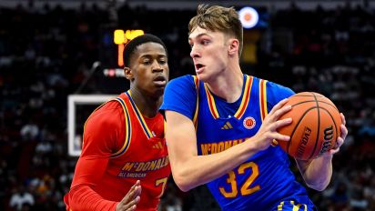 Reuters - Apr 2, 2024; Houston, TX, USA; McDonald's All American East forward Cooper Flagg (32) controls the ball as McDonald's All American West guard Valdez Edgecombe Jr (7) defends during the first half at Toyota Center. Mandatory Credit: Maria Lysaker-USA TODAY Sports