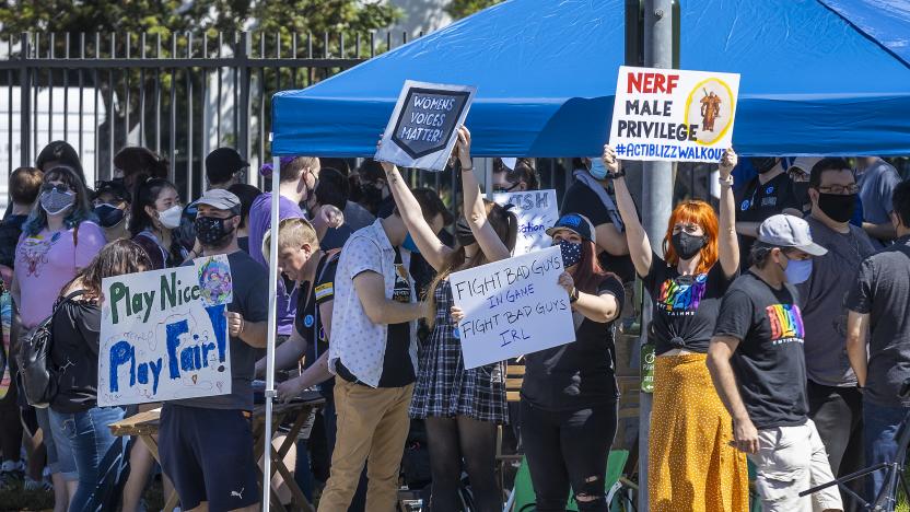 Irvine, CA - July 28: Several hundred Activision Blizzard employees stage a walkout which they say is in a response from company leadership to a lawsuit highlighting alleged harassment, inequality, and more within the company outside the gate at Activision Blizzard headquarters on Wednesday, July 28, 2021 in Irvine, CA. (Allen J. Schaben / Los Angeles Times via Getty Images)