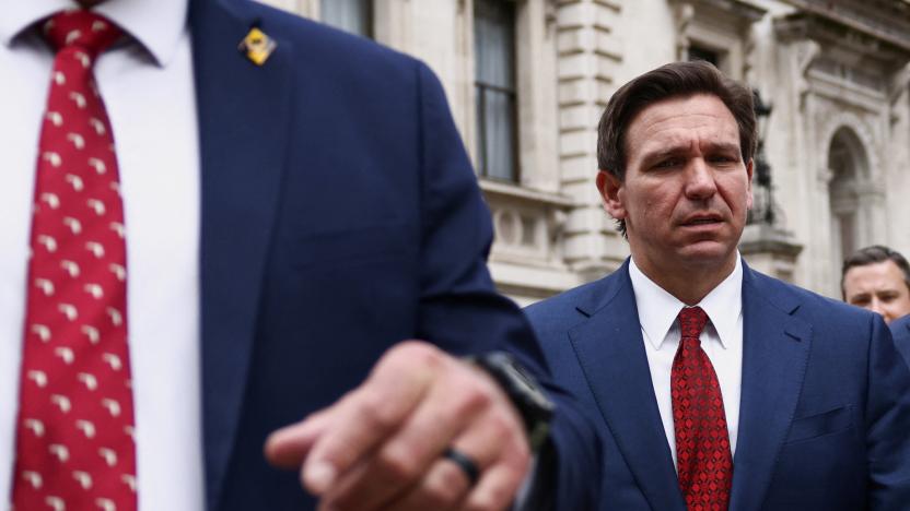 Florida Governor Ron DeSantis walks outside the Treasury during his visit in London, Britain April 28, 2023. REUTERS/Henry Nicholls