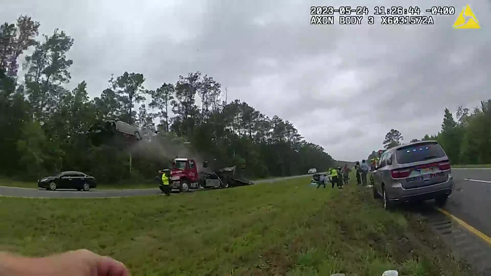 Wild Crash Video of Car Flying Over CA Highway, Smashes Down But Driver  Lives