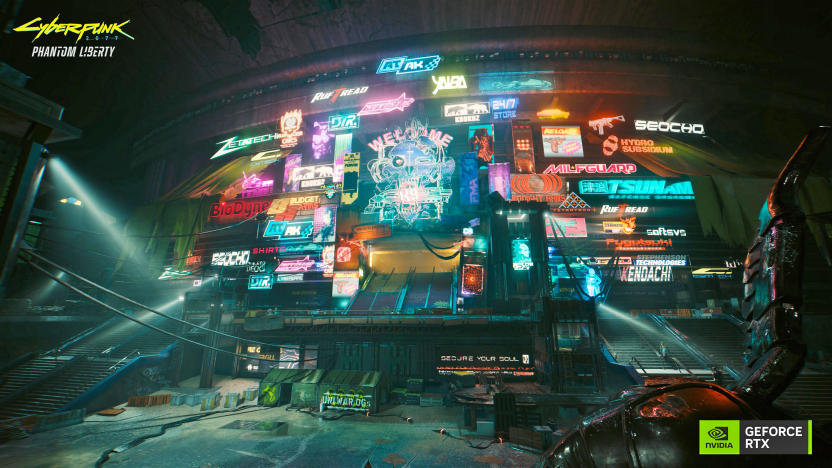 A promo card with logos for the NVIDIA DLSS 3.5 comparisons: Cyberpunk 2077 ray-traced upgraded. It shows a neon cluster of signs on the side of a post apocalyptic building.