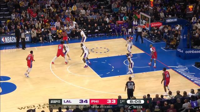 Joel Embiid with a deep 3 vs the Los Angeles Lakers