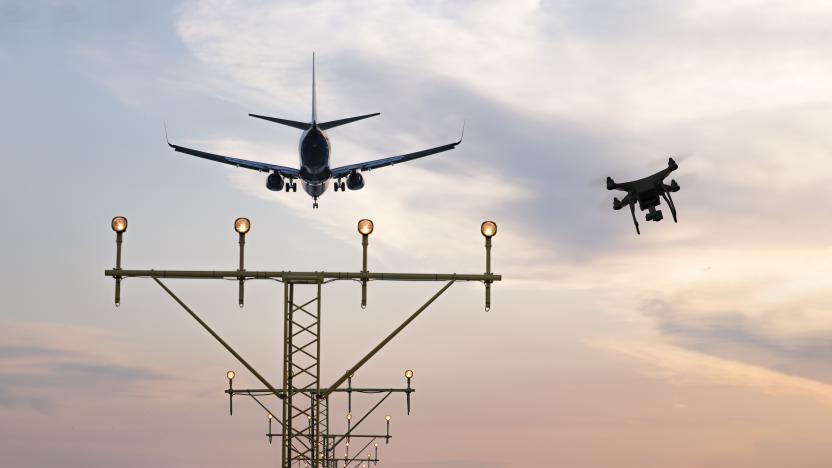 Drone flying at the airport near an aircraft leading to a possible crash or accident. Illegal UAV flight inside the airport conceptual montage