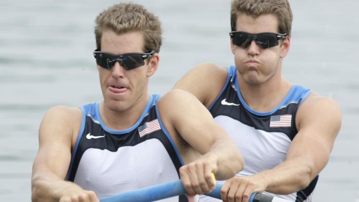 USA's Cameron Winklevoss, left, and twin brother Tyler take the start of their Men's pair repechage  at the Beijing 2008 Olympics in Beijing, Monday, Aug. 11, 2008.  (AP Photo/Gregory Bull)