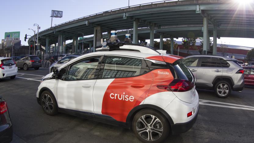 San Francisco, CA, USA - Feb 23, 2020: A Cruise self-driving car undergoing testing in the SoMa District of San Francisco. A subsidiary of GM, Cruise tests and develops autonomous car technology.