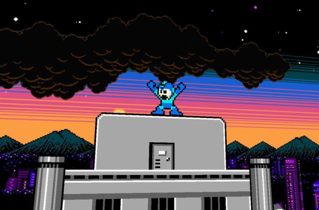 Teenage Engineering Capcom videopak. A retro gaming graphic showing Mega Man with his arms up in a V stance.