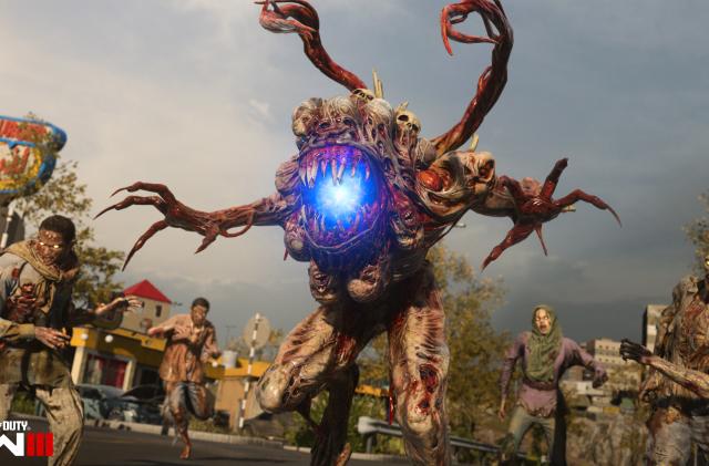 A giant mutated enemy and some humanoid zombies in Call of Duty: Modern Warfare III's Zombies mode.