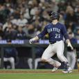 American League's Julio Rodríguez, of the Seattle Mariners, jogs off the  field during the MLB All-Star baseball game against the National League in  Seattle, Tuesday, July 11, 2023. (AP Photo/Lindsey Wasson Stock