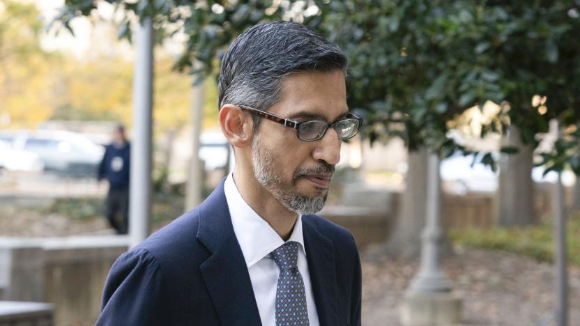 FILE - Google and Alphabet Inc. CEO Sundar Pichai arrives at the federal courthouse in Washington, Monday, Oct. 30, 2023. Google on Monday, Nov. 6, will try to protect a lucrative piece of its internet empire at the same time it’s still entangled in the biggest U.S. antitrust trial in a quarter century. The latest threat will unfold in a San Francisco federal court, where a 10-person jury will decide whether Google's digital payment processing system in the Play Store that distributes apps for phones running on its Android software has been illegally driving up prices for consumers and developers. (AP Photo/Jose Luis Magana, File)