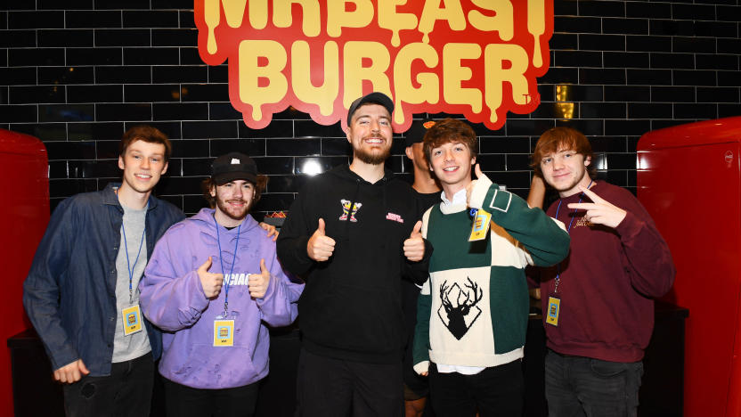 EAST RUTHERFORD, NEW JERSEY - SEPTEMBER 04: (L-R) Nolan Hansen, Sapnap, MrBeast, Karl Jacobs and Punz attend as Global YouTube star MrBeast launches the first physical MrBeast Burger Restaurant at American Dream on September 4, 2022 in East Rutherford, New Jersey. (Photo by Dave Kotinsky/Getty Images for MrBeast Burger)