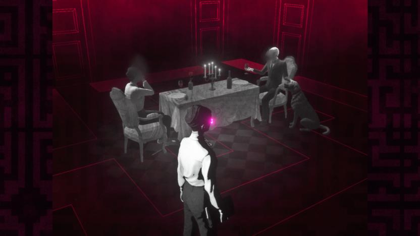 A scene from the video game 'Lorelei and the Laser Eyes' showing a woman in the foreground with a glowing eye(s) -- seen from slightly behind -- and a fancy dinner table with two diners at opposite ends with a candelabra in between them. The surrounding room is faded, dark and highlighted by a subtle red glow.