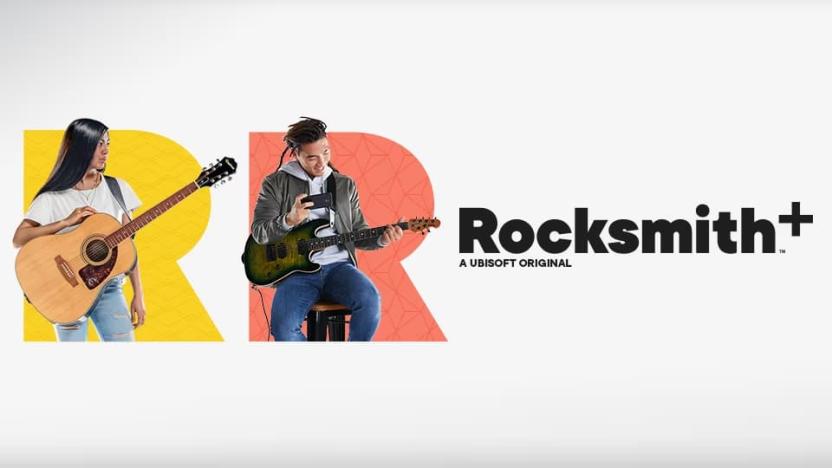 Key art for Rocksmith Plus. Two individuals holding guitars are shown with a large letter "R" behind each. Text: "Rocksmith Plus. A Ubisoft original."