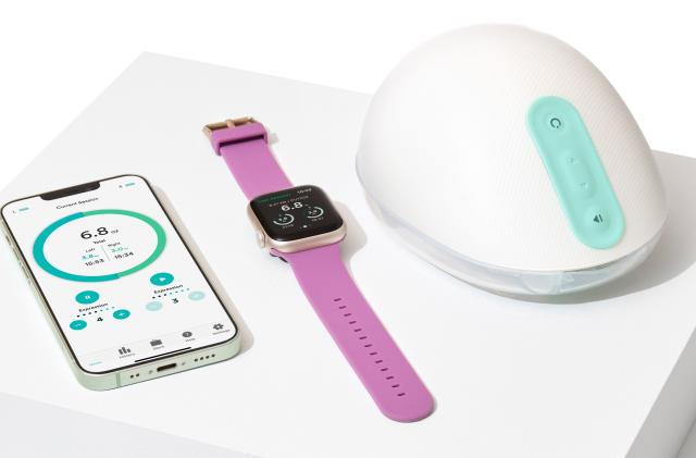 An iPhone showing the Willow app, an Apple Watch showing the Willow 3.0 app and a Willow 3.0 wireless breast pump.