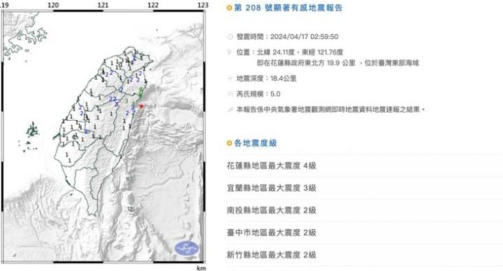 東部海域凌晨再震規模5 多地有感