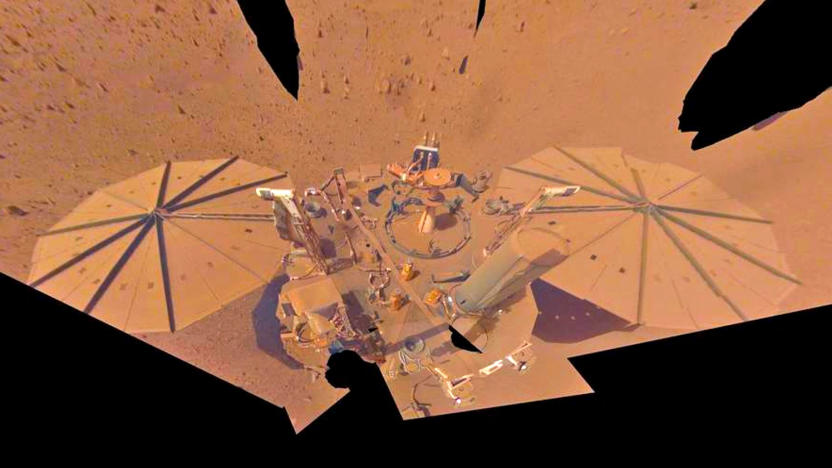 A selfi-image taken by the NASA InSight lander, showing itself cobbled together from a variety of slightly skewed angles.