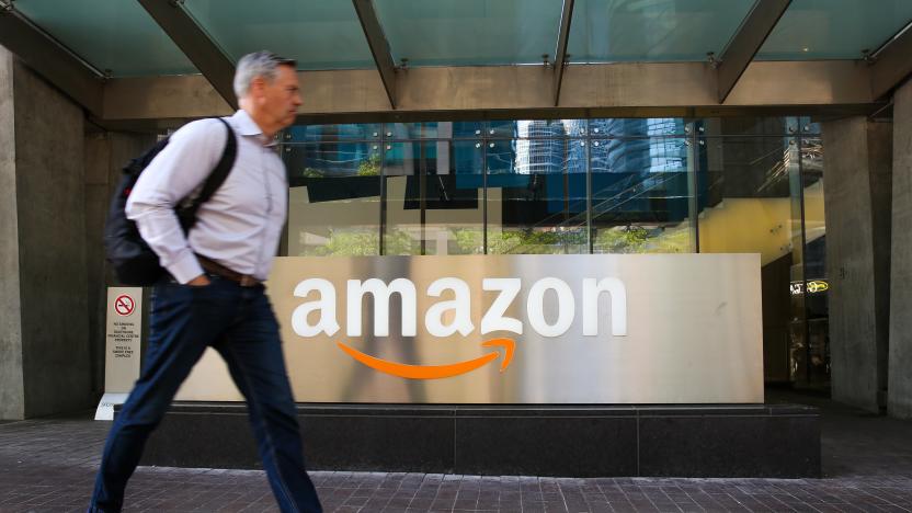 TORONTO, CANADA - 2019/06/27: A man walks past an Amazon logo outside a building in Toronto. (Photo by Dinendra Haria/SOPA Images/LightRocket via Getty Images)