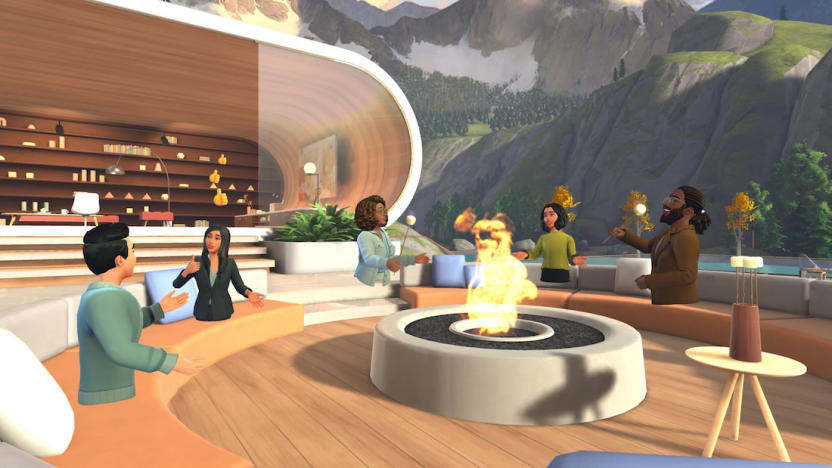 A group of virtual avatars (without legs) sit around a fire pit in a modern curved wood enclosure. There may be a virtual bar in the background.