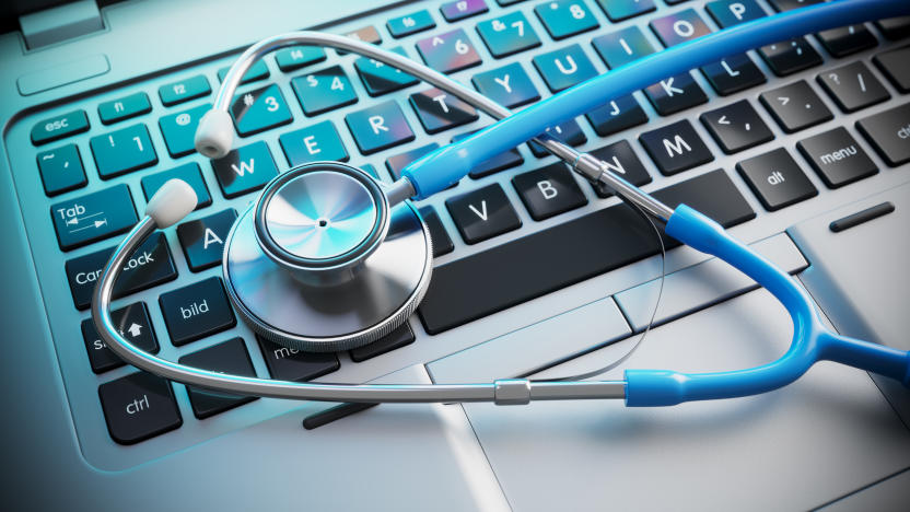 Stethoscope on laptop keyboard. 3d render