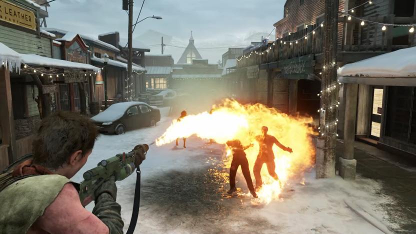 A person shown from behind uses a flamethrower to set several enemies ablaze on an ice-covered street. Screenshot is taken from The Last of Us Part 2 Remastered's No Return mode.