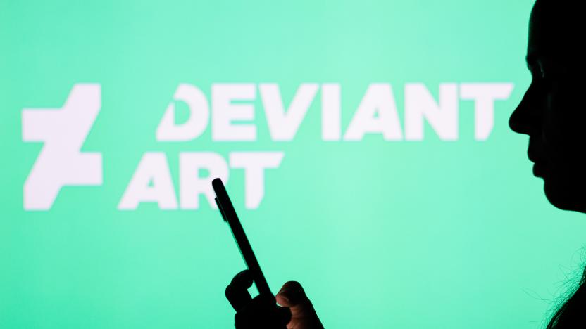 BRAZIL - 2022/04/12: In this photo illustration, a woman's silhouette holds a smartphone with the DeviantArt logo in the background. (Photo Illustration by Rafael Henrique/SOPA Images/LightRocket via Getty Images)