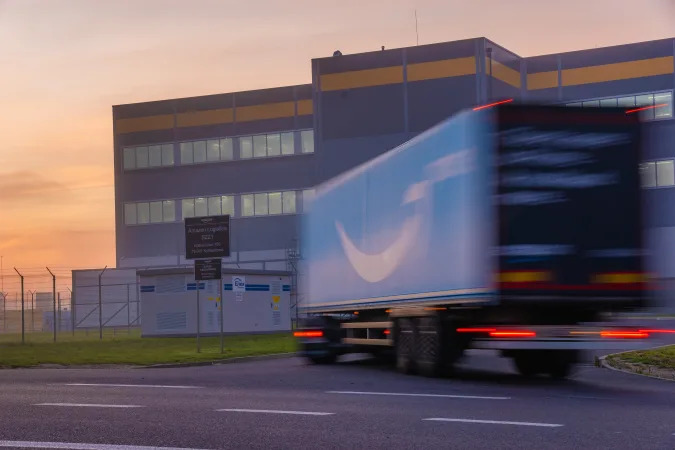 Szczecin,Poland-September 2020:Truck trailer with Logo Amazon Prime entering the Amazon logistics center