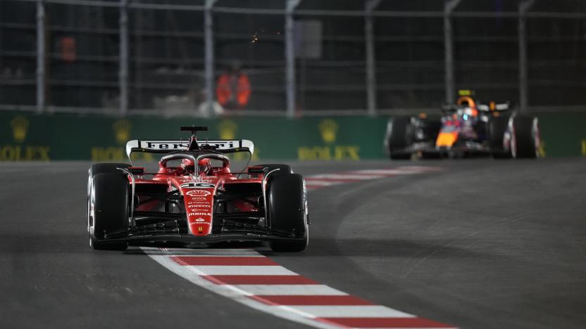 Ferrari driver Charles Leclerc, of Monaco, drives during the Formula One Las Vegas Grand Prix auto race, Saturday, Nov. 18, 2023, in Las Vegas. (AP Photo/John Locher)