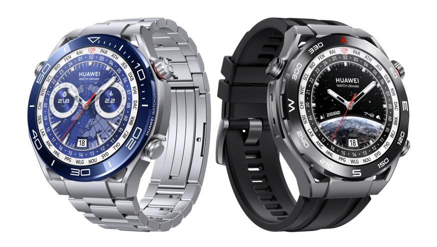 Image of the two Huawei Watch Ultimate models in blue and black, on a white background.