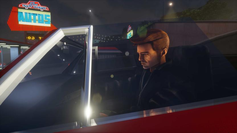 A screenshot of the remastered version of Grand Theft Auto 3 showing protagonist Claude in a car at night.