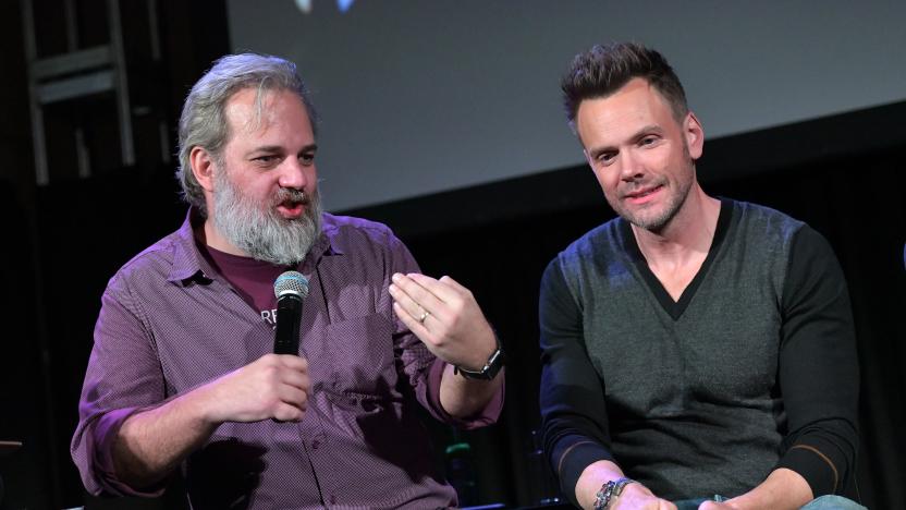 HOLLYWOOD, CALIFORNIA - NOVEMBER 10: Dan Harmon (L) and Joel McHale speak onstage at Vulture Festival Presented By AT&T at The Roosevelt Hotel on November 10, 2019 in Hollywood, California. (Photo by Charley Gallay/Getty Images for New York Magazine)