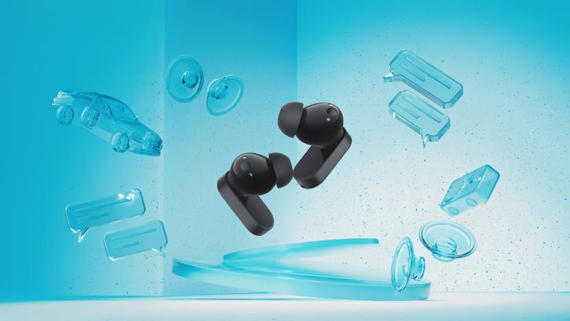 Marketing image showing two black OnePlus Nord Buds 2 earbuds floating in front of a blue background with shapes indicating message bubbles, a car and speakers.