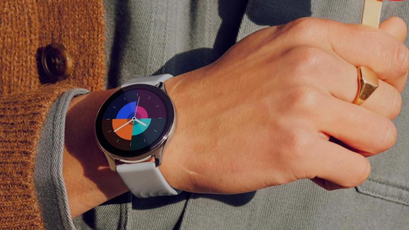 The OnePlus Watch shown off in a close-up on someone's wrist.