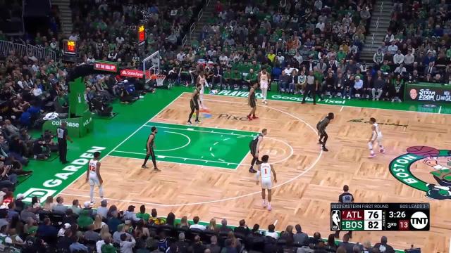 Sam Hauser with a block vs the Atlanta Hawks